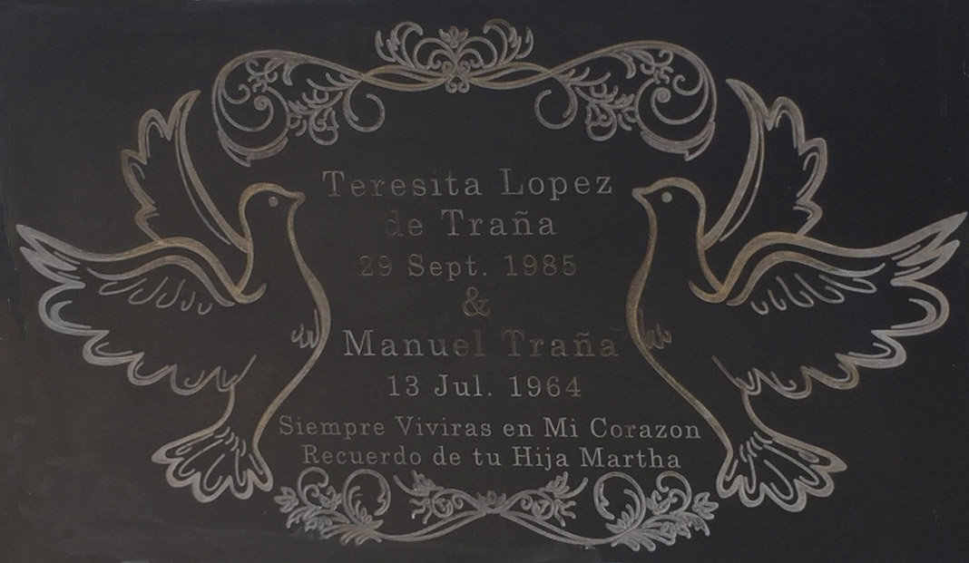 The main image is the design of tombstone that contains two doves mirrored about the y center line.  Between te doves there is text with the name of my grandmother and date of death.  Above and below the text there is a decorative leaf structure.  On the upper right quadrant is a photo of the piece of the aluminum plate that becomes the Tombstone.