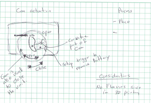 Scan of Dr. Rojas Design notebook which shows a preliminary design for an earpiece that where the battery is replaced.