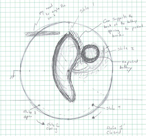 Battery design opening and closing sketch from Dr. Rojas Design notebook.