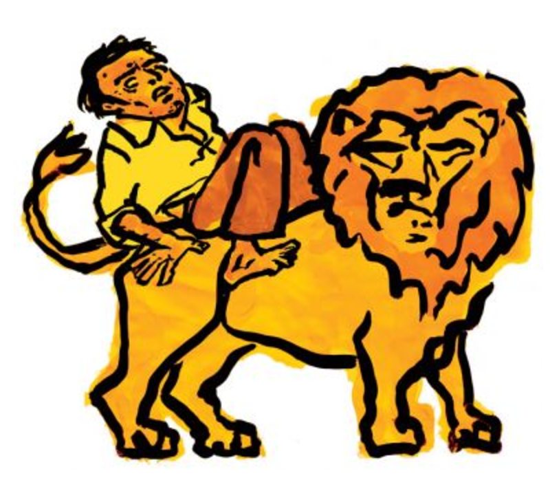 Drawing of a man riding a lion scared.
